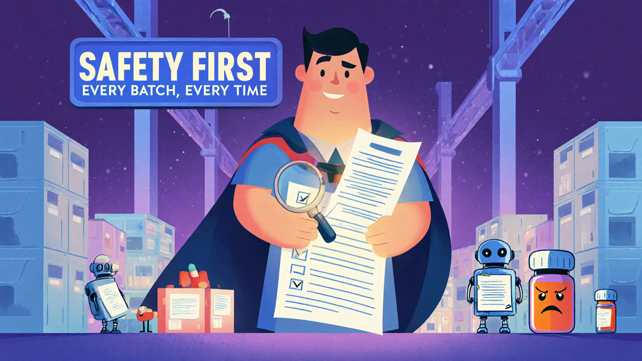 A kind guardian in a paperwork cape reviews a checklist to protect medicine boxes in a warehouse.