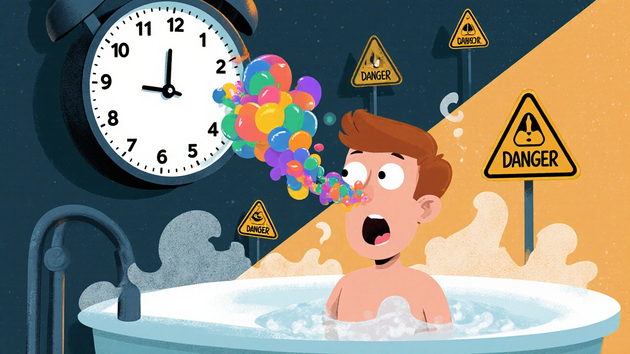 A man in a bathtub surrounded by poppers vapor and a ticking clock warning of danger.