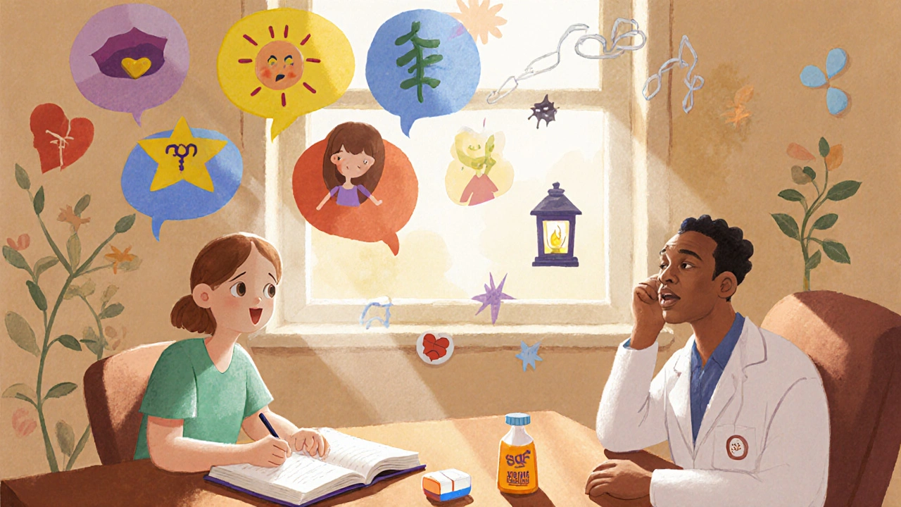 A patient writing in a journal as emotional story-balloons rise, while a doctor listens quietly nearby.