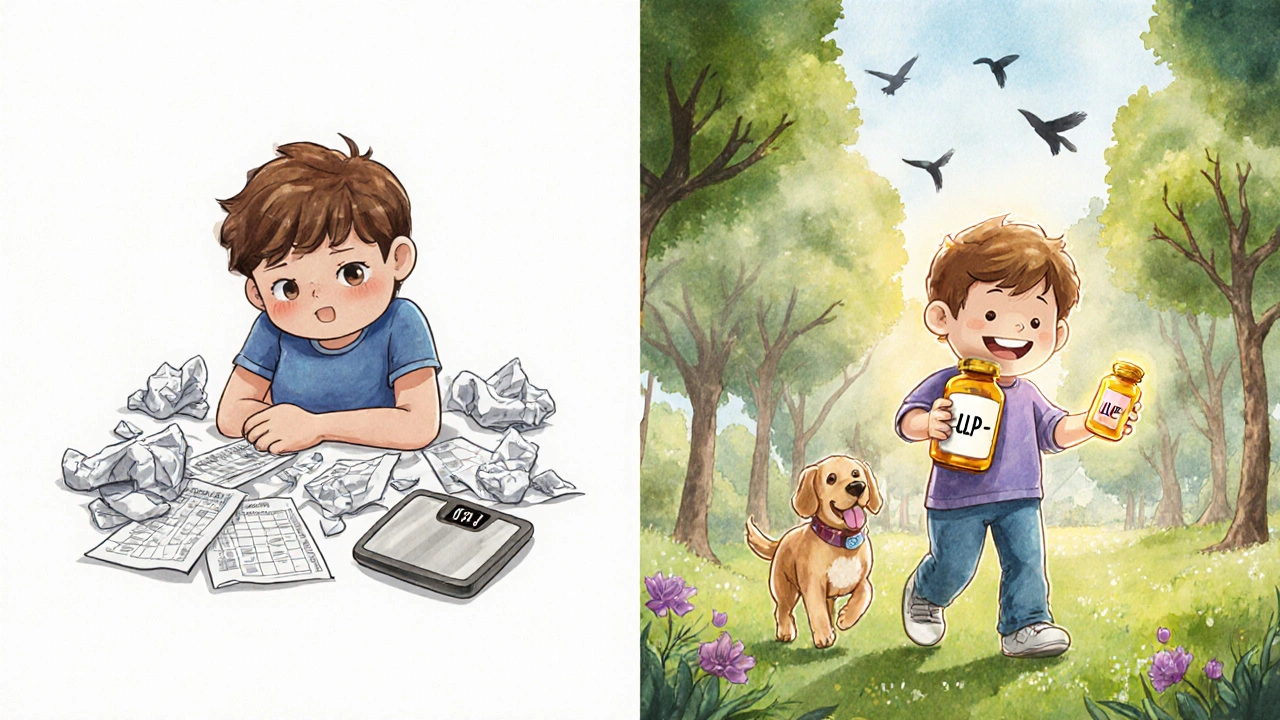 A person transitioning from a cluttered diet struggle to a peaceful walk in the park with a glowing pill bottle.