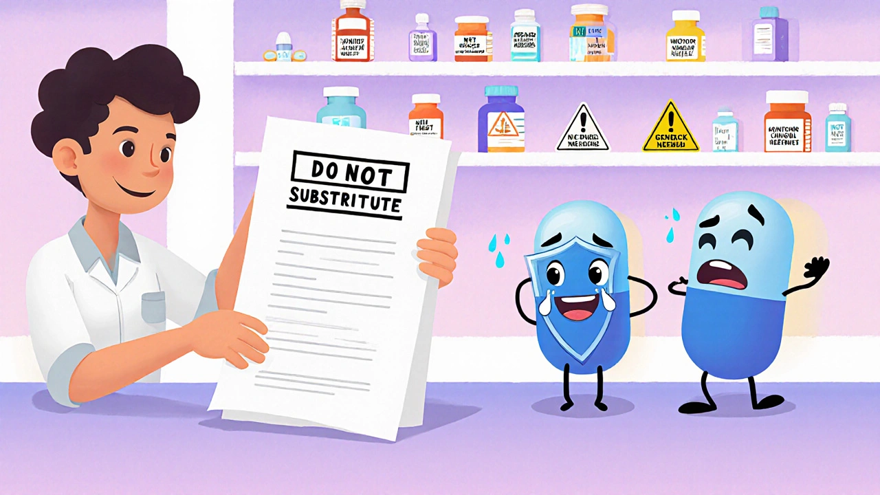 A pharmacist holds a prescription with &#039;Do Not Substitute&#039; while branded and generic pills look nervous.
