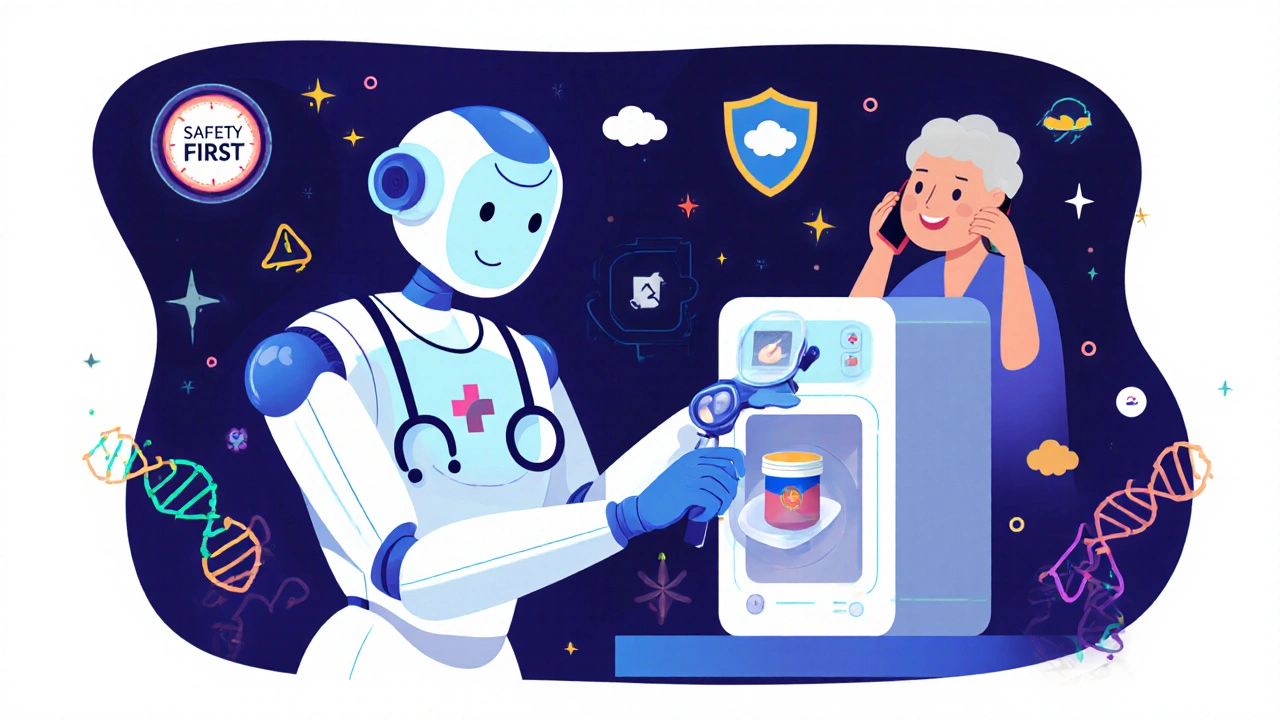 A robot pharmacist places a pill in a smart dispenser while a human pharmacist talks to an elderly patient.