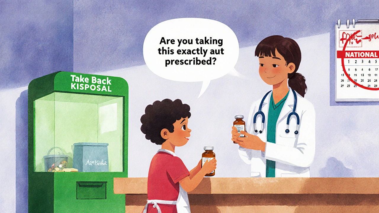 A student at a campus pharmacy talking to a pharmacist beside a safe medication disposal kiosk.