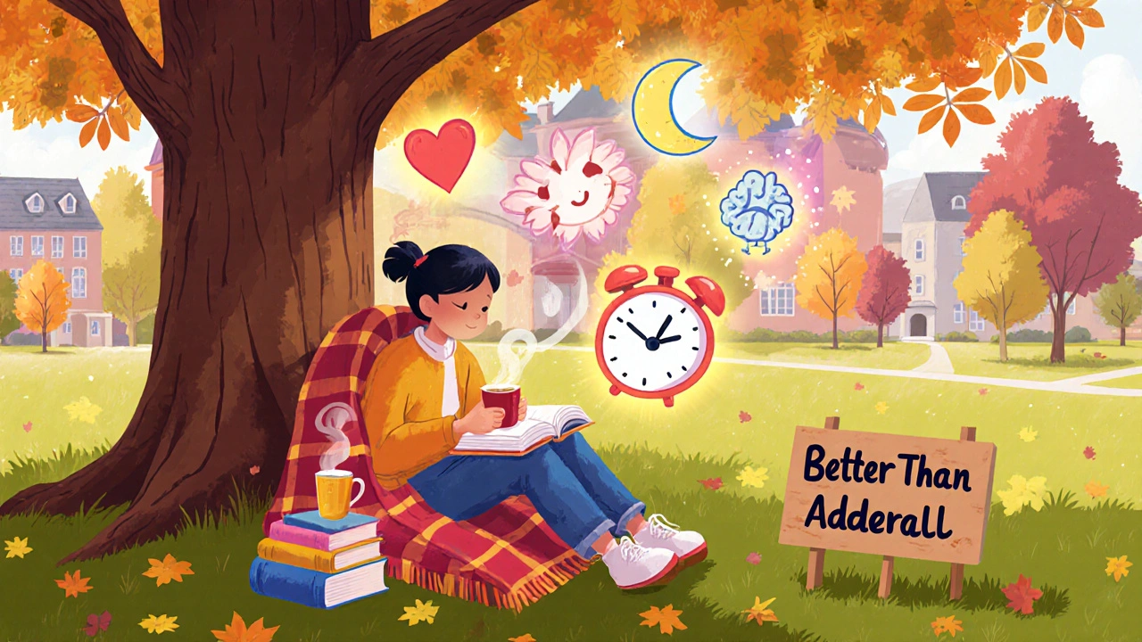 A student studying peacefully under a tree with glowing symbols of rest, focus, and wellness above them.