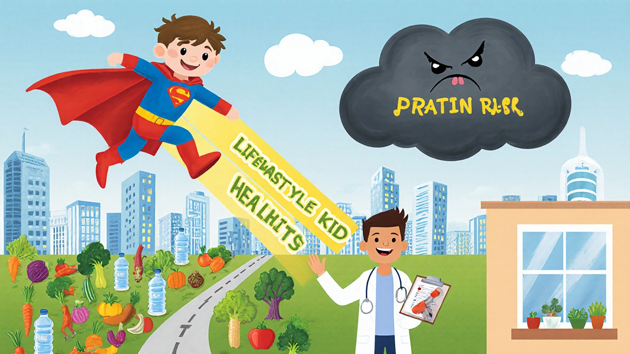 A superhero flying over healthy foods, neutralizing a dark cloud labeled &#039;Statin Risk&#039; with healthy habits.