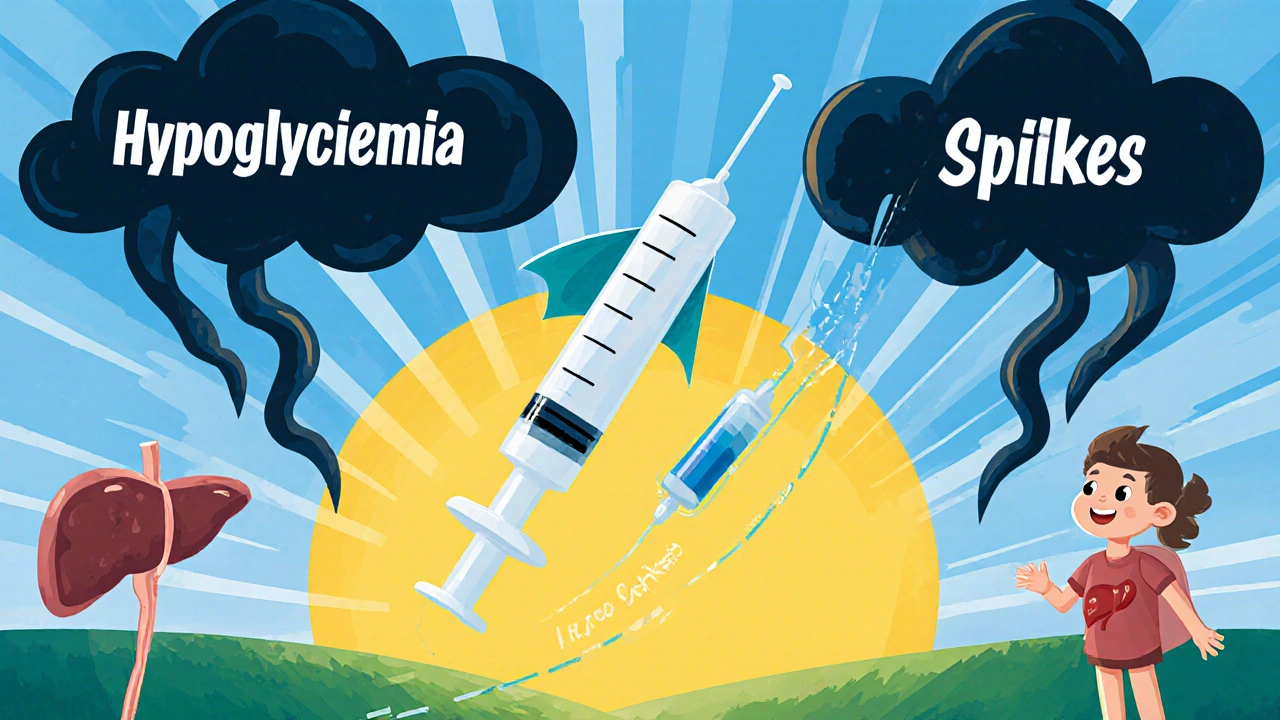A superhero insulin syringe flying through a body landscape, avoiding danger clouds labeled with side effects.