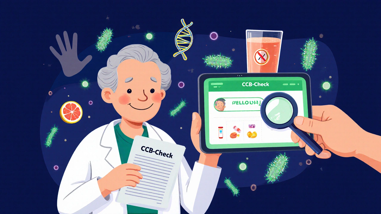 An elderly patient and pharmacist check drug safety with a glowing screen and friendly gut bacteria.