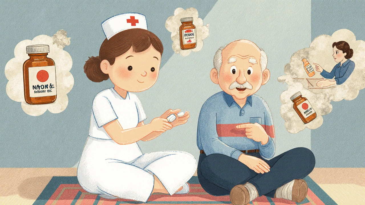 An elderly veteran and nurse sitting together, surrounded by floating memories of old medicine bottles.