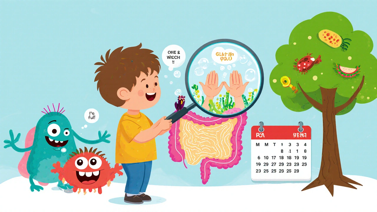 Child watching happy bacteria signal fullness to the brain while junk food fades away.