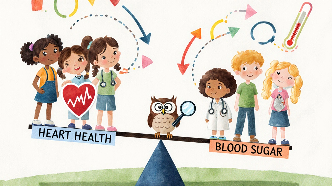 Children on a seesaw balanced by an owl doctor, with heart health and blood sugar symbols in a playful illustration.