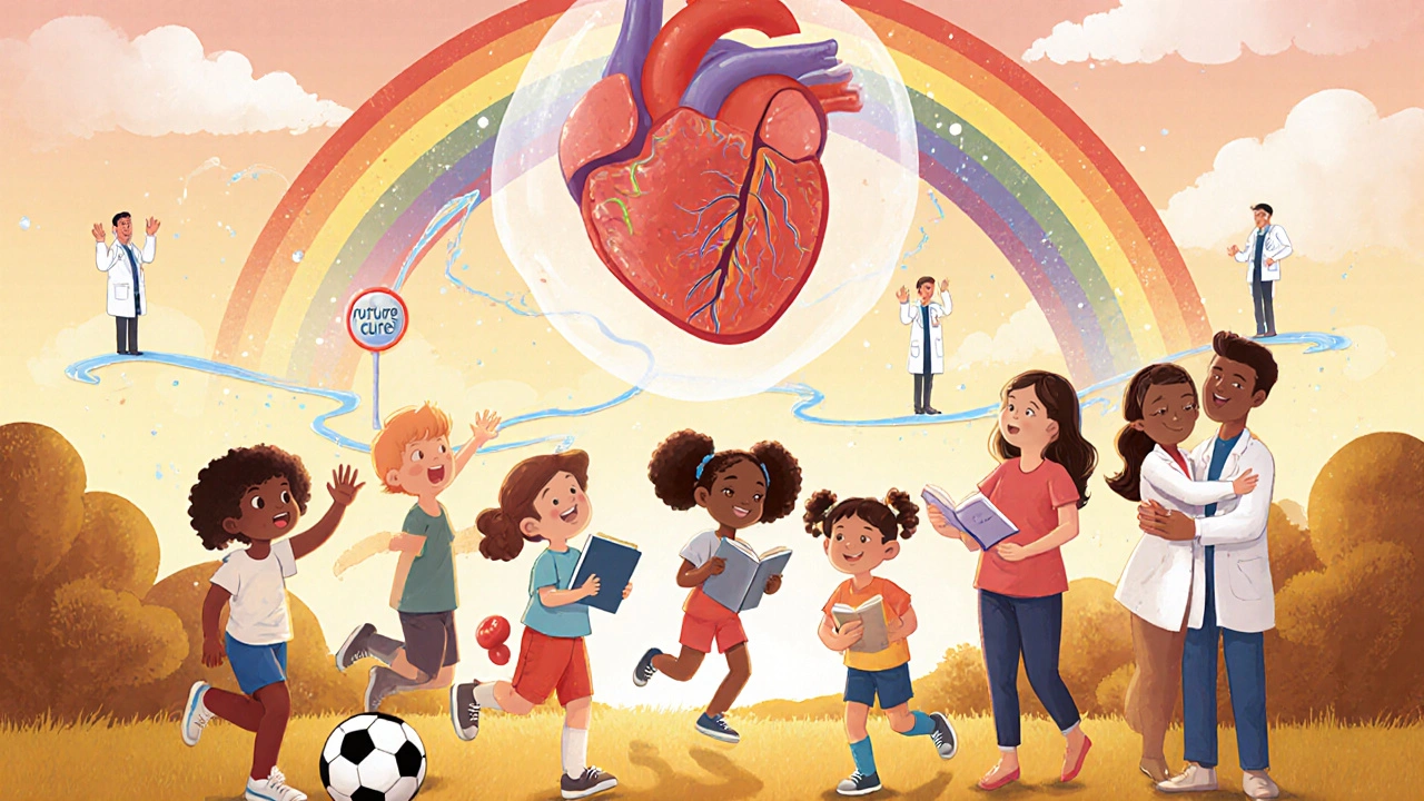 Diverse kids play together with a glowing heart showing healthy blood sugar flow.