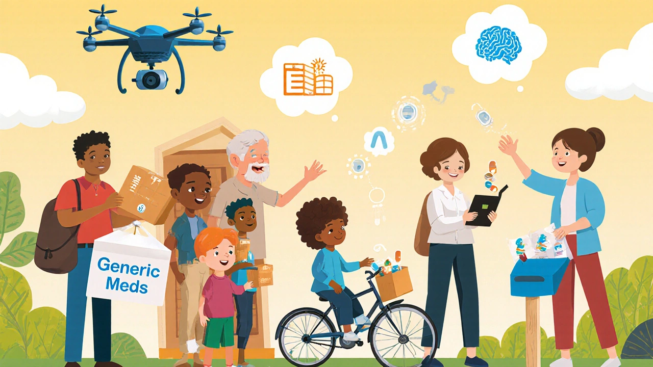 Diverse people receive generic meds via drone, bike, and mailbox under a sky with health tech symbols.