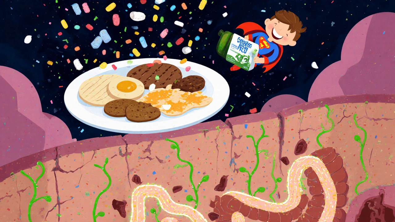 Magic fibers feeding probiotic bacteria that grow glowing vines to repair the gut lining.