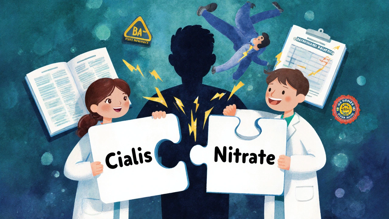 Two doctors struggling to connect Cialis and Nitrate puzzle pieces as a falling patient looms.