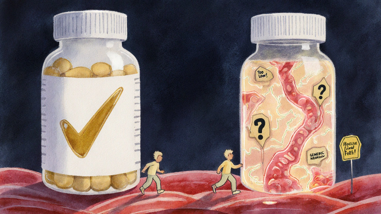 Two pill bottles labeled &#039;Brand Name&#039; and &#039;Generic&#039; sit side by side, with tiny figures traveling through a bloodstream showing smooth and bumpy paths.