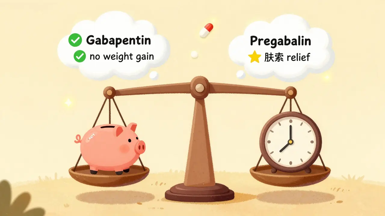 A balance scale comparing cost, speed, and weight gain of two nerve pain pills.