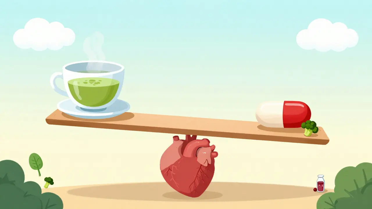 A balanced seesaw with green tea and warfarin maintaining stable blood clotting.