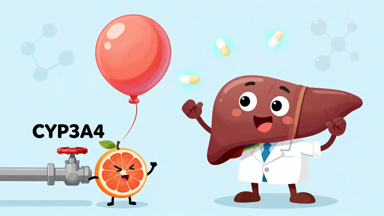 A cartoon liver juggles pills while a grapefruit blocks a liver enzyme, illustrated in a whimsical children's style.
