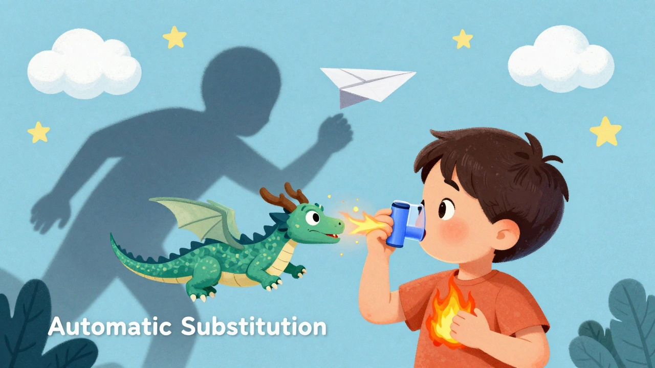 A child breathes through a dragon-shaped inhaler, while a shadowy figure replaces it with a flying paper airplane.