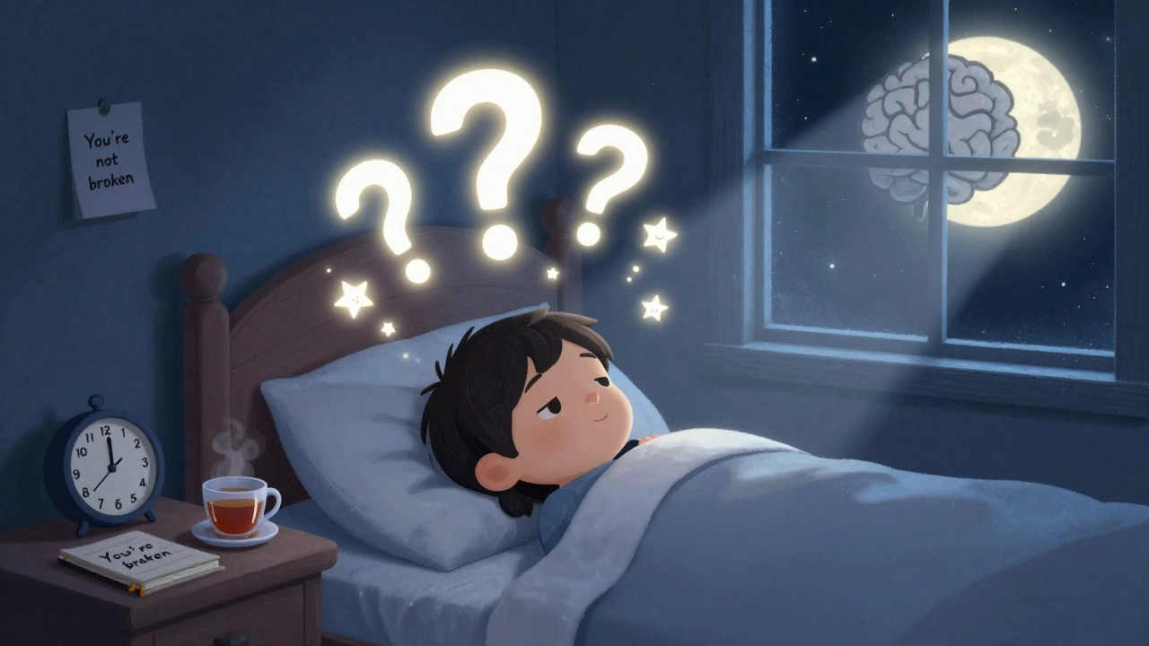 A child in bed at night with floating question marks turning to stars, a brain-shaped moon watching kindly.