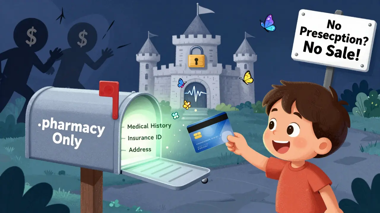 A child puts a card into a safe mailbox; personal data turns into butterflies flying into a secure castle.