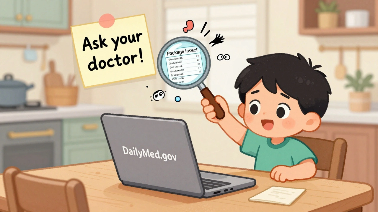 A child reading a Package Insert on a laptop at home, with whimsical side effect icons nearby.