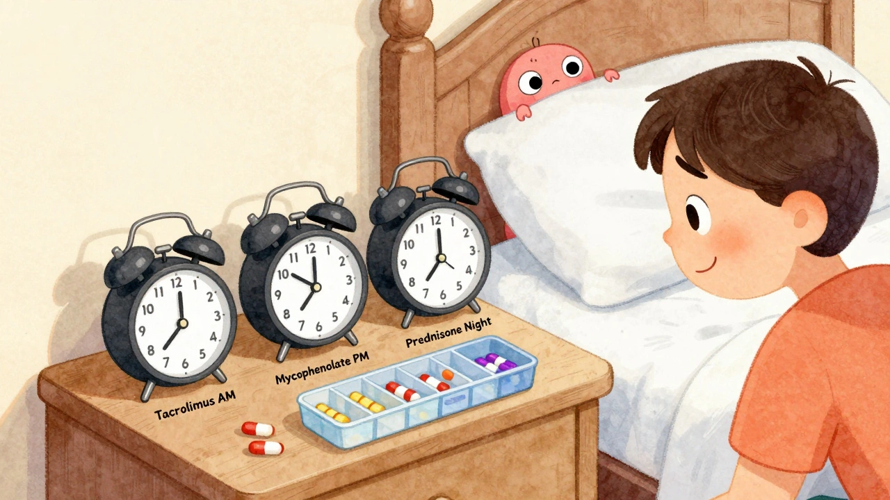 A child sets three labeled alarm clocks next to an open pill organizer in a cozy bedroom.