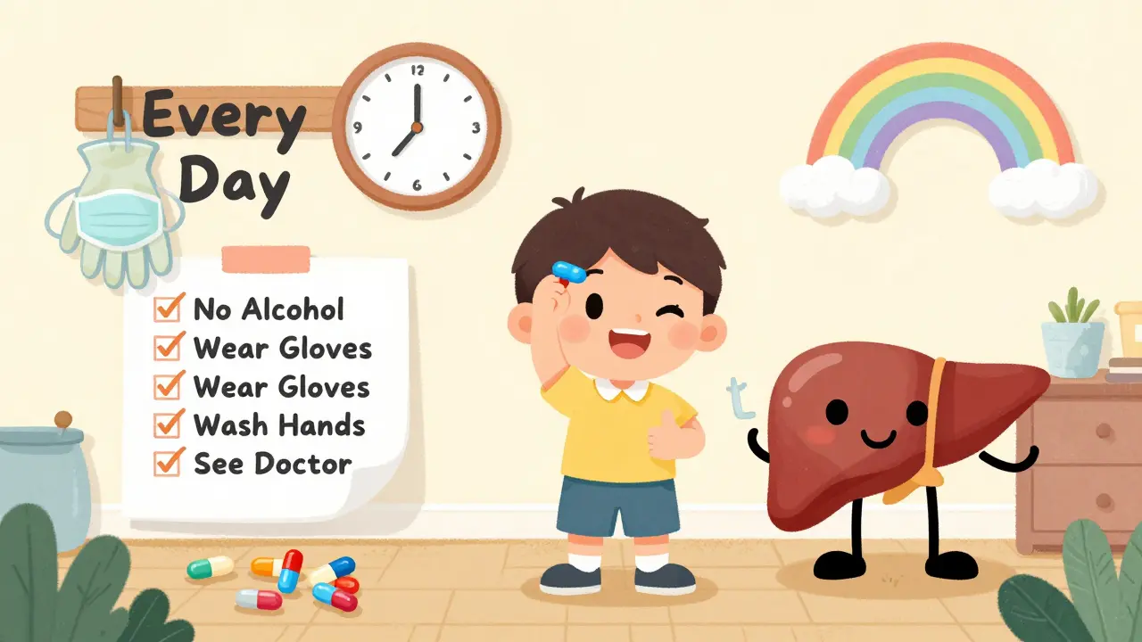 A child takes daily pills with a friendly liver helper, following safety rules like wearing gloves and washing hands.