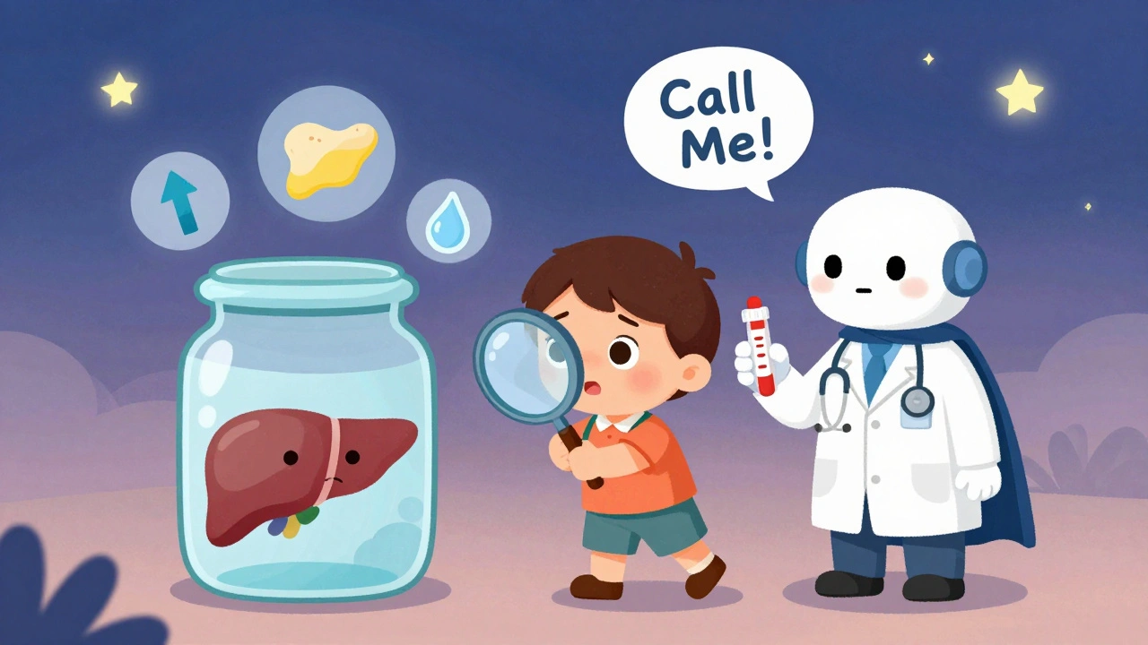 A child uses a magnifying glass to examine a worried liver with warning signs floating nearby.