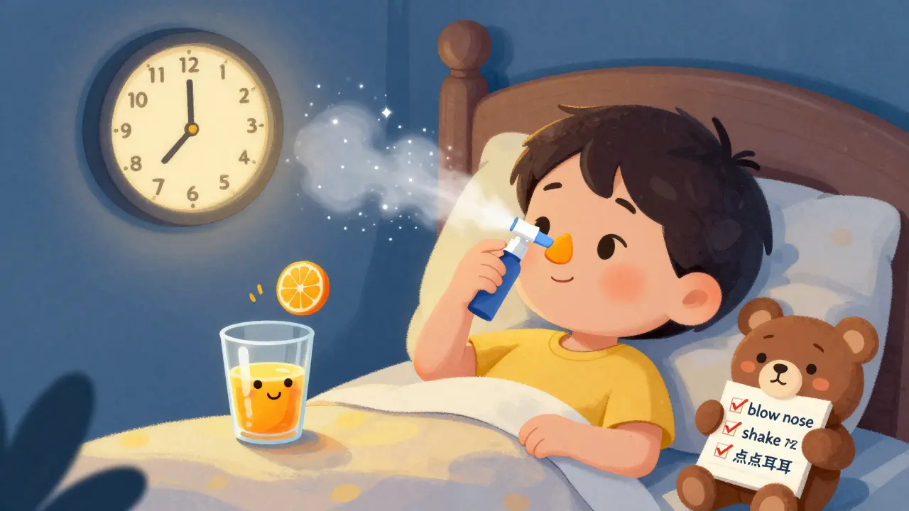 A child using nasal spray at bedtime with glowing mist and orange juice nearby in a cozy room.