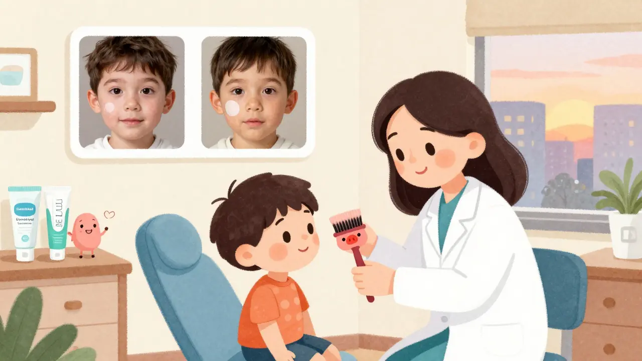 A dermatologist showing a child a magical brush that restores skin color in a cozy clinic with before-and-after panels.