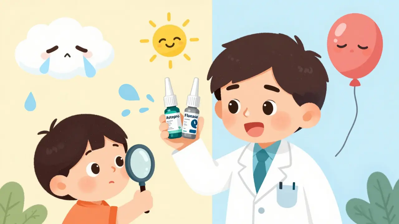A doctor compares two nasal sprays with sun and moon symbols while a child watches with a magnifying glass.