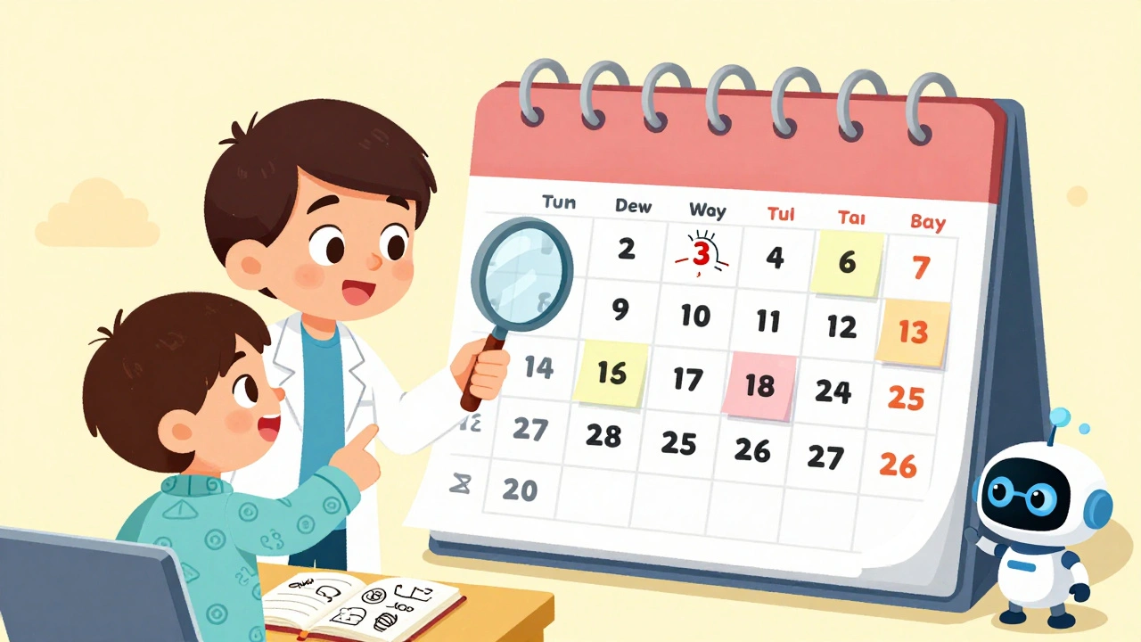 A doctor uses a magnifying glass on a calendar marked with drug side effect dates, while a child takes notes nearby.