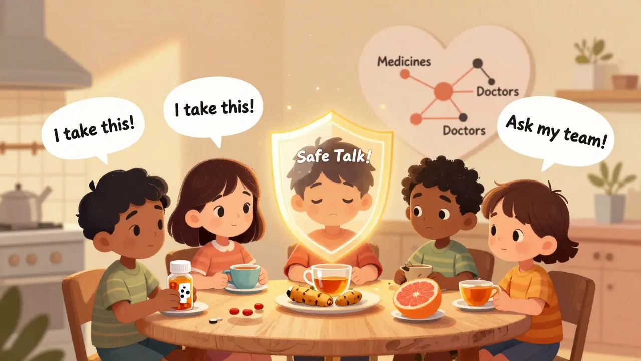 A family at a kitchen table sharing their medicines, with a glowing shield saying 'Safe Talk!' above them.