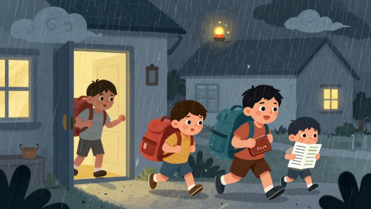 A family evacuating during a storm with go-bags, holding a medication list and cooling case for insulin.