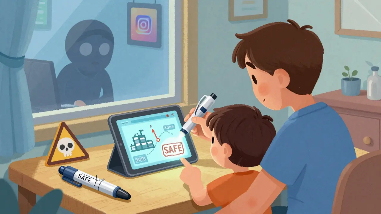 A family scans a medicine pen with a tablet showing its journey from factory to pharmacy, with a fake pen nearby marked by a warning sign.