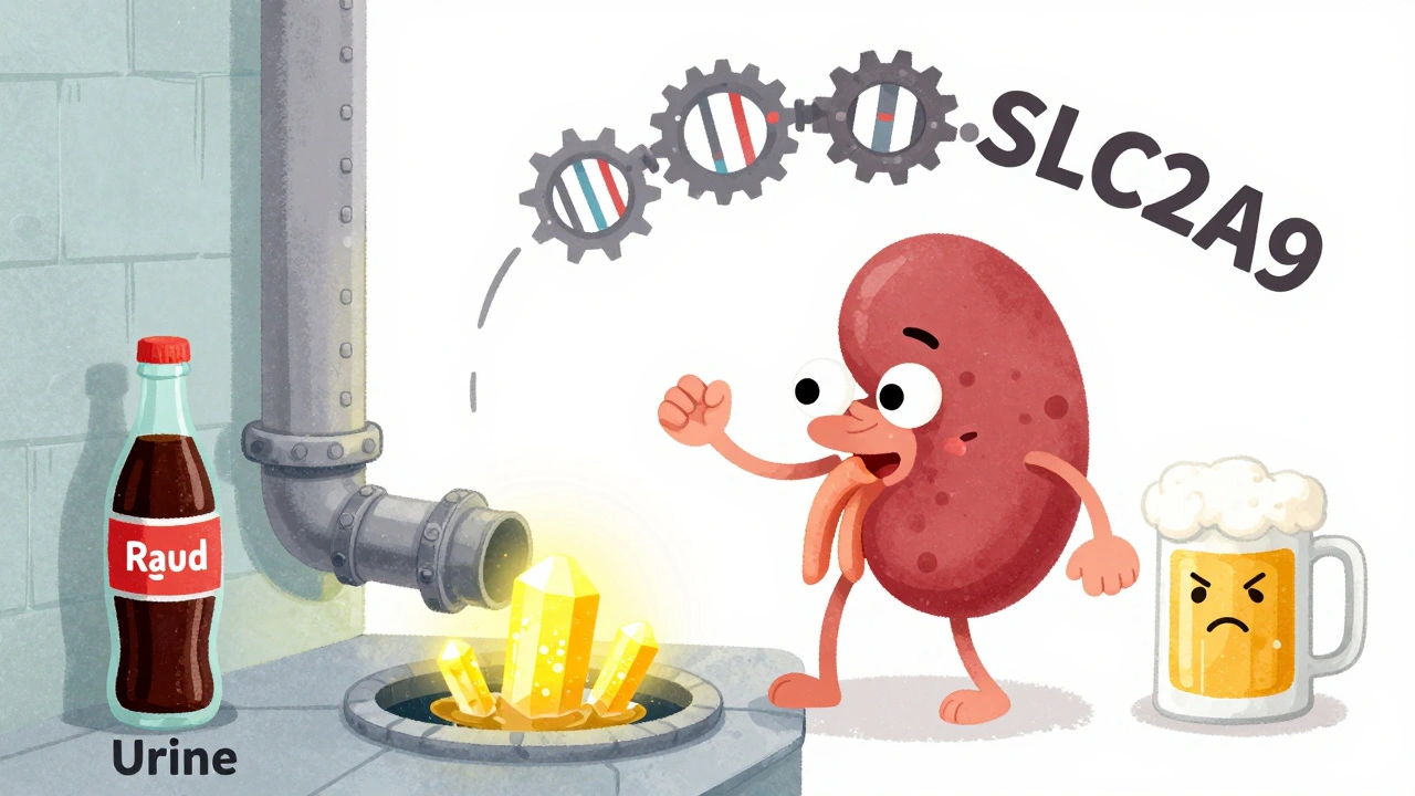 A friendly kidney trying to flush uric acid crystals while soda and beer block the drain, with a broken DNA gear above.