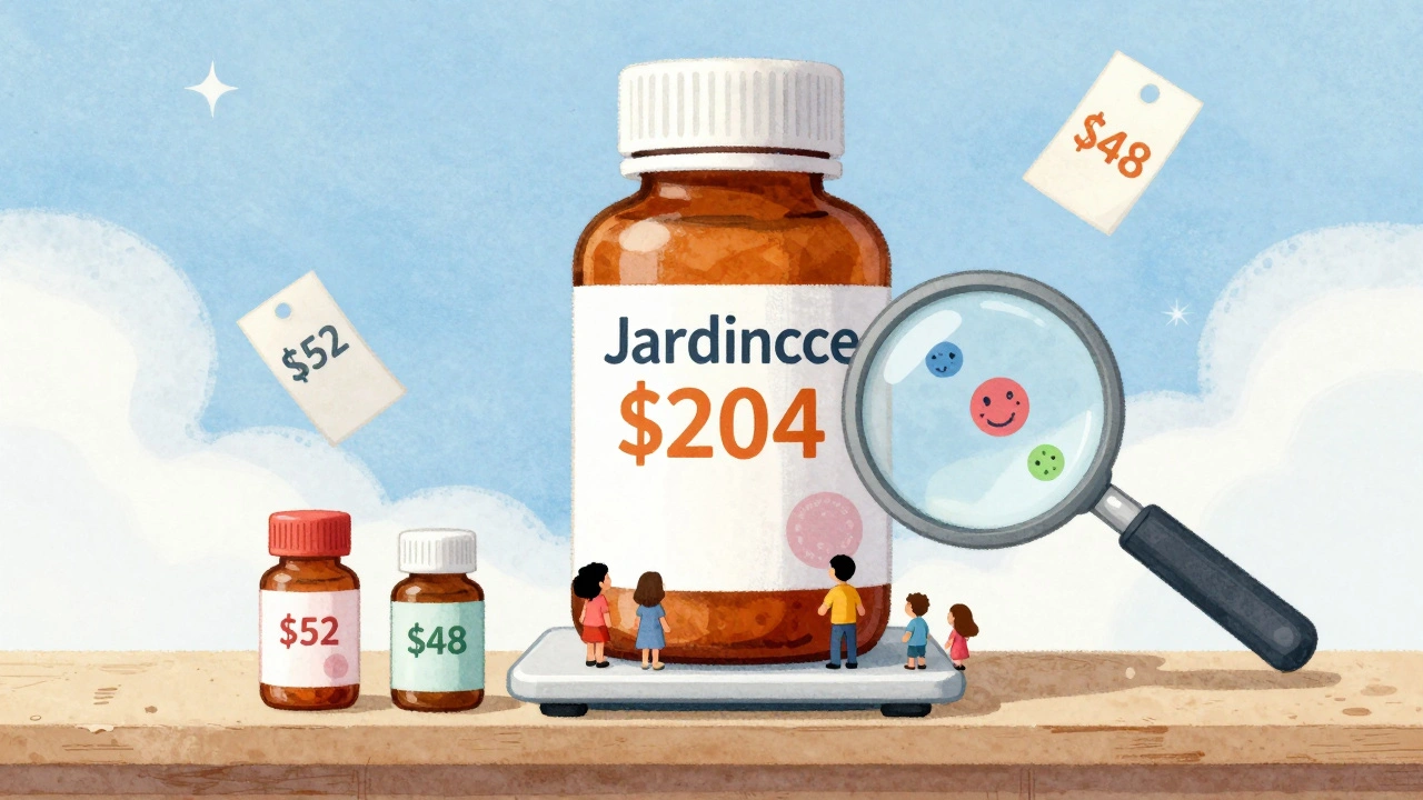 A giant brand-name drug bottle towers over a family, while smaller bottles from Japan and Australia sit below.