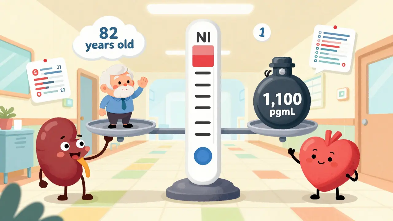 A giant NT-proBNP test strip balances an elderly man against a high number, with kidney and heart watching.