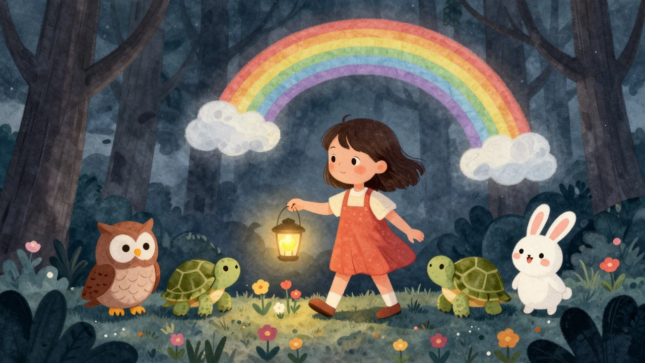 A girl walks through a dark forest with animal friends as flowers bloom and a brain-shaped rainbow appears.