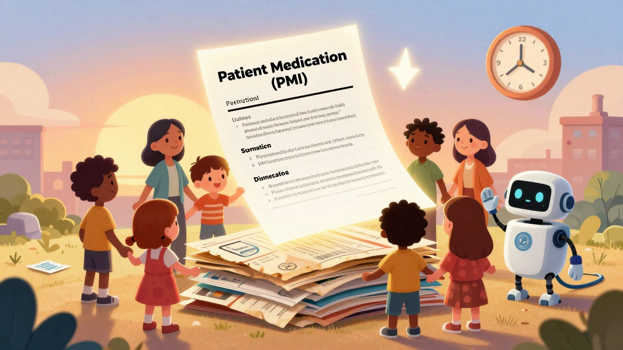 A glowing one-page PMI document replacing old drug guides, with people and a robot celebrating.