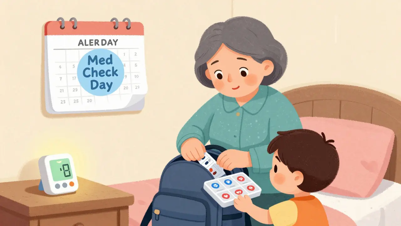 A grandmother and child packing medications together using a color-coded pill organizer in a cozy room.