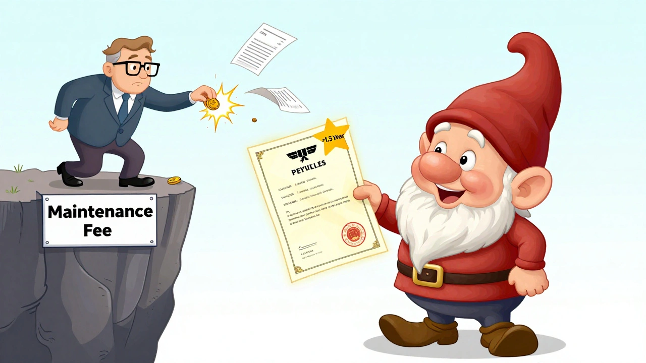 A patent office gnome giving a bonus star to a patent certificate while a fee is dropped off a cliff.
