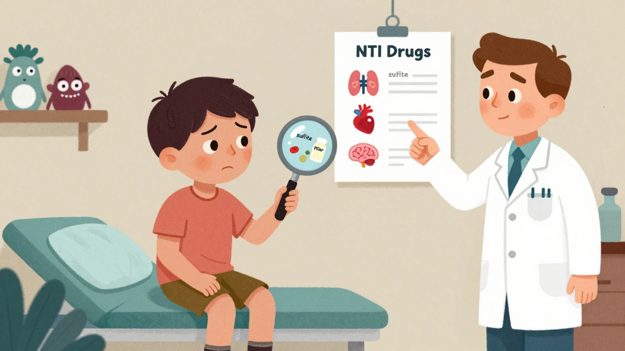 A patient with a magnifying glass revealing hidden ingredients in a pill as cartoon goblins.