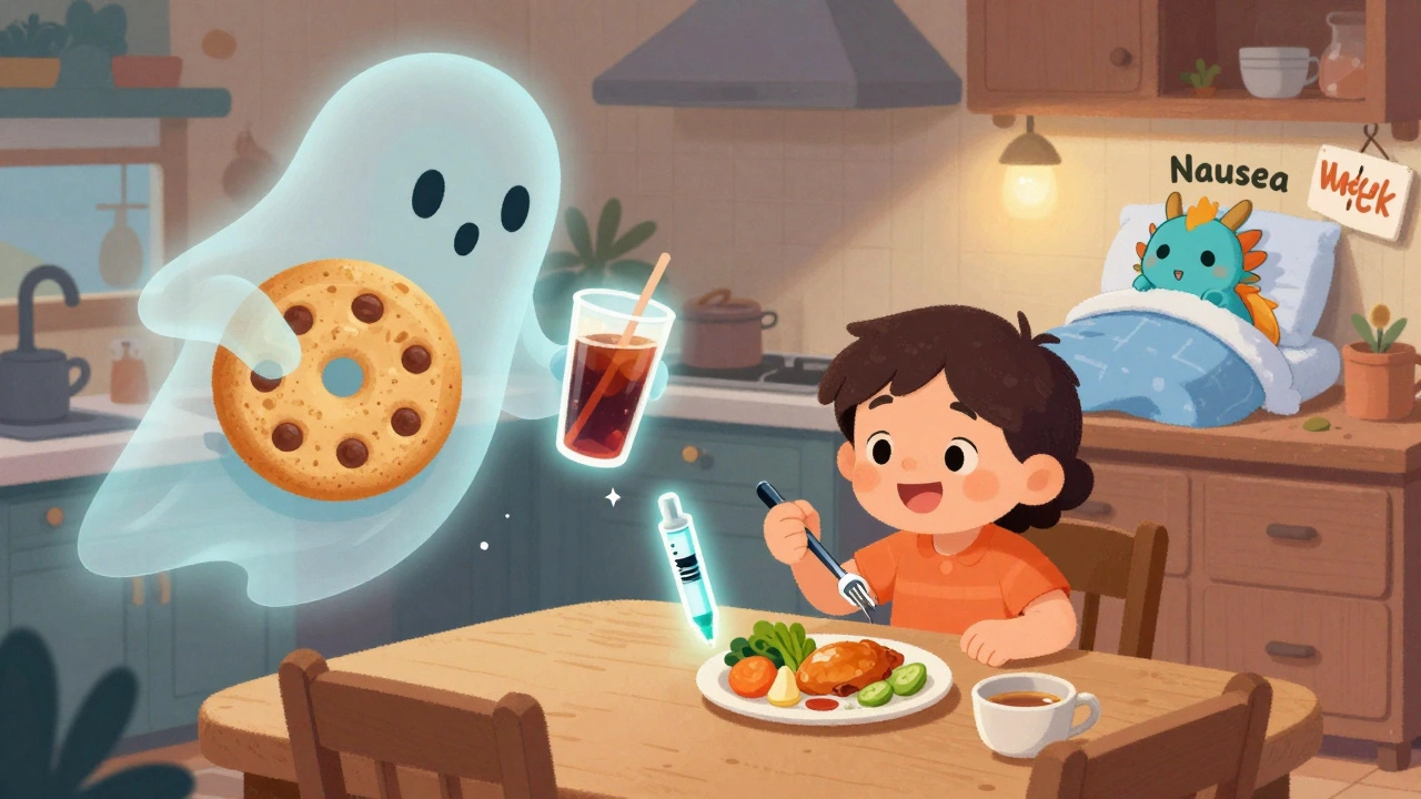 A person eating healthy food with a fading past self and a sleepy nausea dragon, in a cozy kitchen scene.