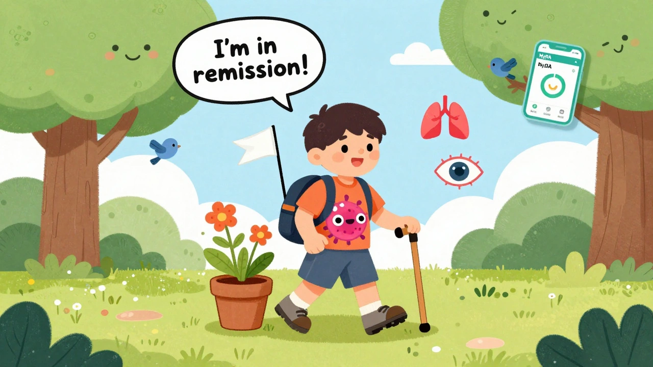 A person hiking happily with a flower cane, showing immune cells surrendering and body organs healing.