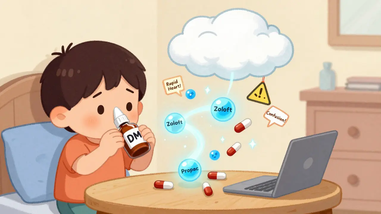 A person takes cough medicine while glowing serotonin molecules clash with antidepressant pills, causing a warning storm.