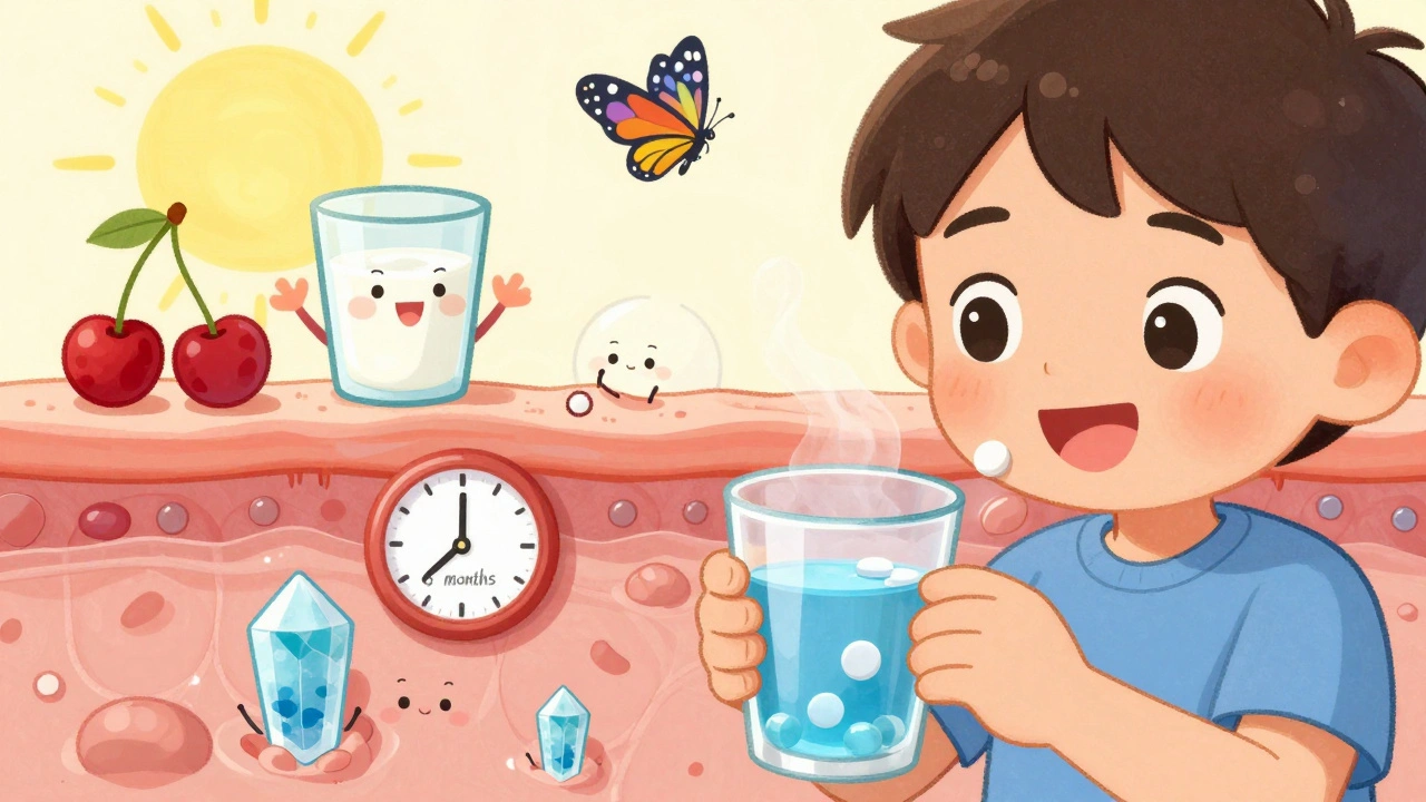 A person taking medicine with water, crystals shrinking, a tophus turning into a butterfly, cherry and milk nearby.