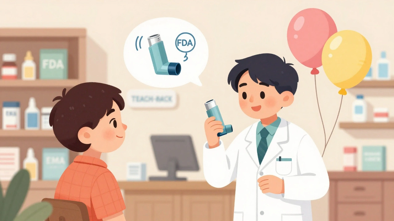 A pharmacist demonstrates two inhaler devices to a patient in a pharmacy, with balloons showing different lung fill levels.