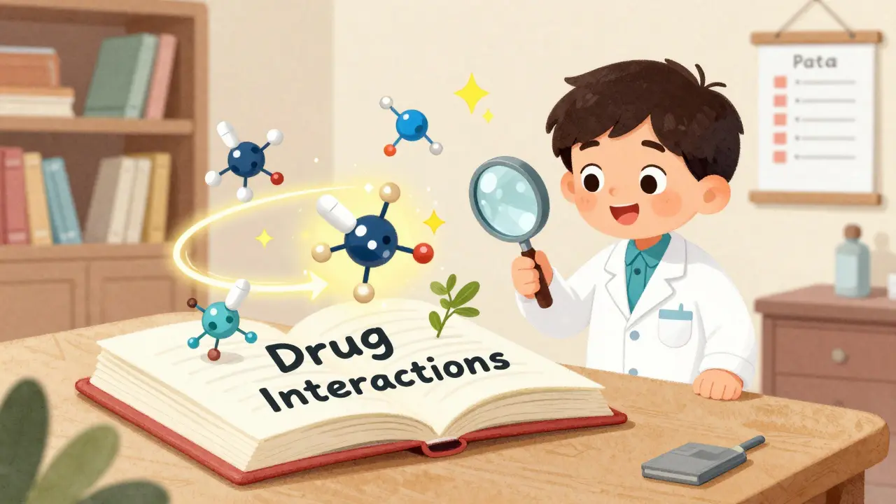 A pharmacist uses a magnifying glass over a book showing dancing drug molecules, some safe, some dangerous.
